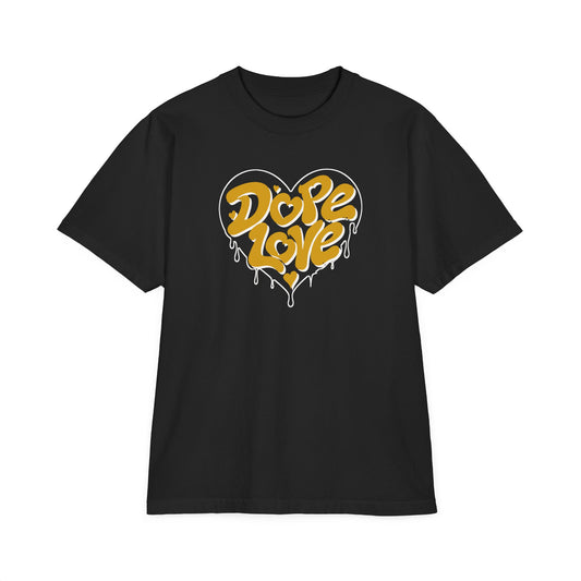 Dope Love graffiti bubble-letter design on a drop-shoulder heavyweight tee